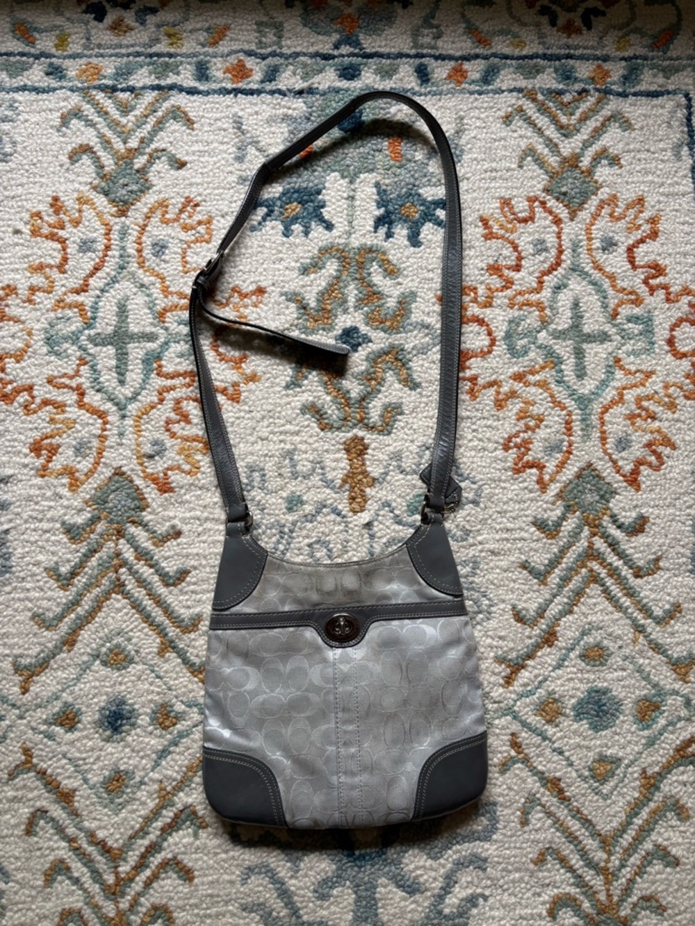 Coach Silver Signature C Jacquard Crossbody Bag Gray Leather Trim Crossbody